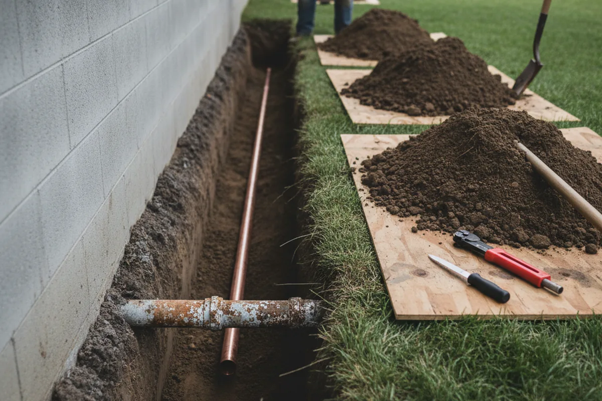 Excavated water line trench during Sewer Line Repair in Monroe